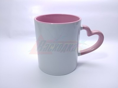 Кружка стандартная белая, с фигурной ручкой "сердце", розовая внутри и ручка [26602]