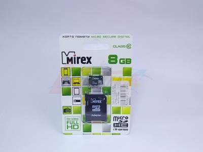 Карта памяти MIREX 8ГБ, стандарт microSDHC, класс 10, с адаптером (13613-AD10SD08)  [27168]