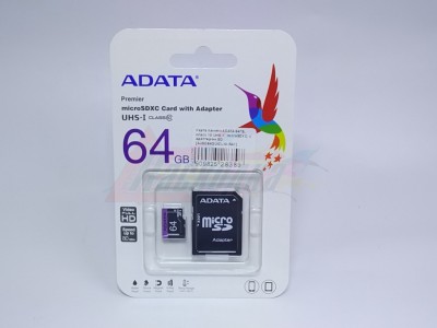 Карта памяти ADATA 64ГБ, класс 10/UHS-1, microSDXC, c адаптером SD [AUSD64GUICL10-RA1] [28389]